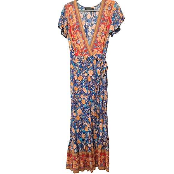 Vibrant Floral V-Neck Maxi Dress in Blue and Orange. Floral And Bohemian - Picture 1 of 9